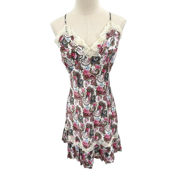 Vintage 90s White Floral Satin Nightie Pleated Hem Lace Trim Victoria's Secret S